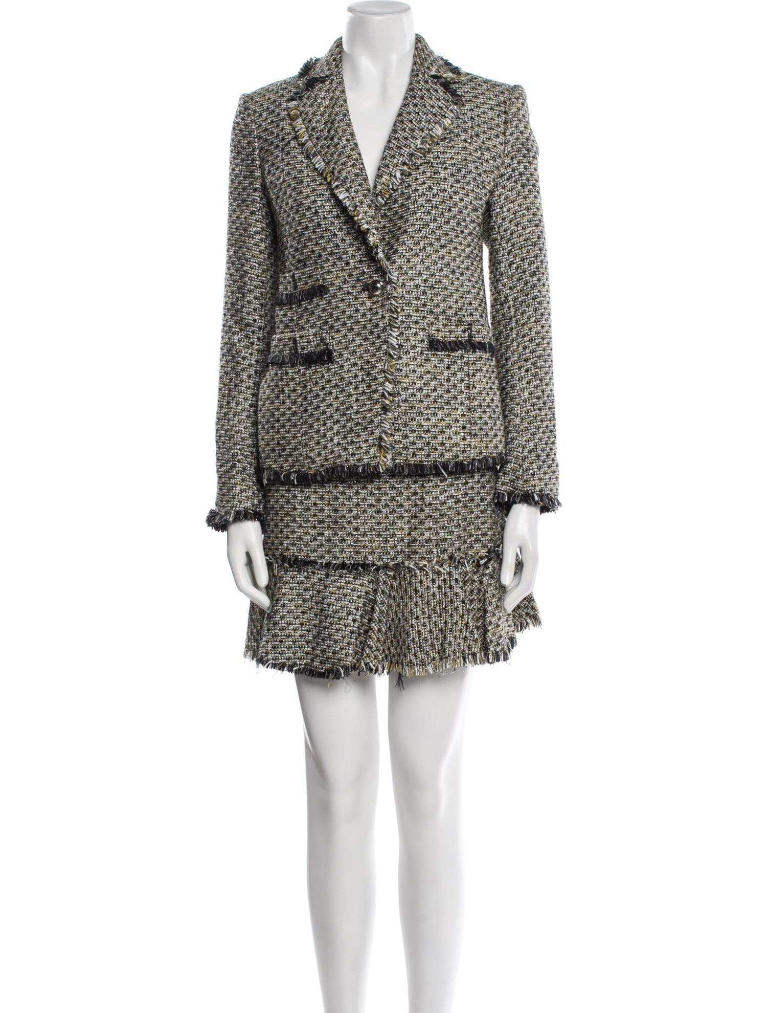 Veronica Beard Tweed Pattern Fringe Trim Accent Skirt Suit