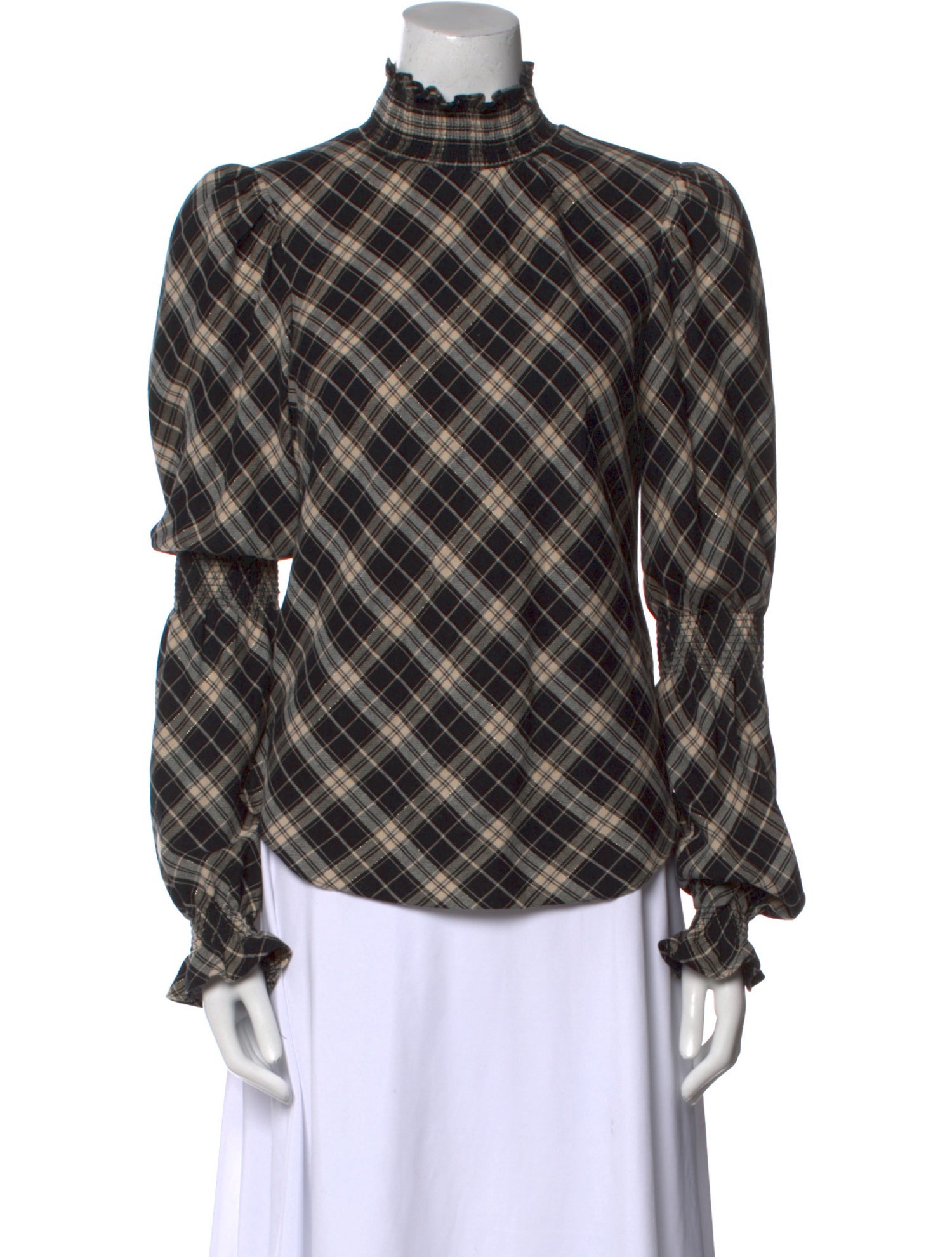 Veronica Beard Plaid Print Mock Neck Blouse
