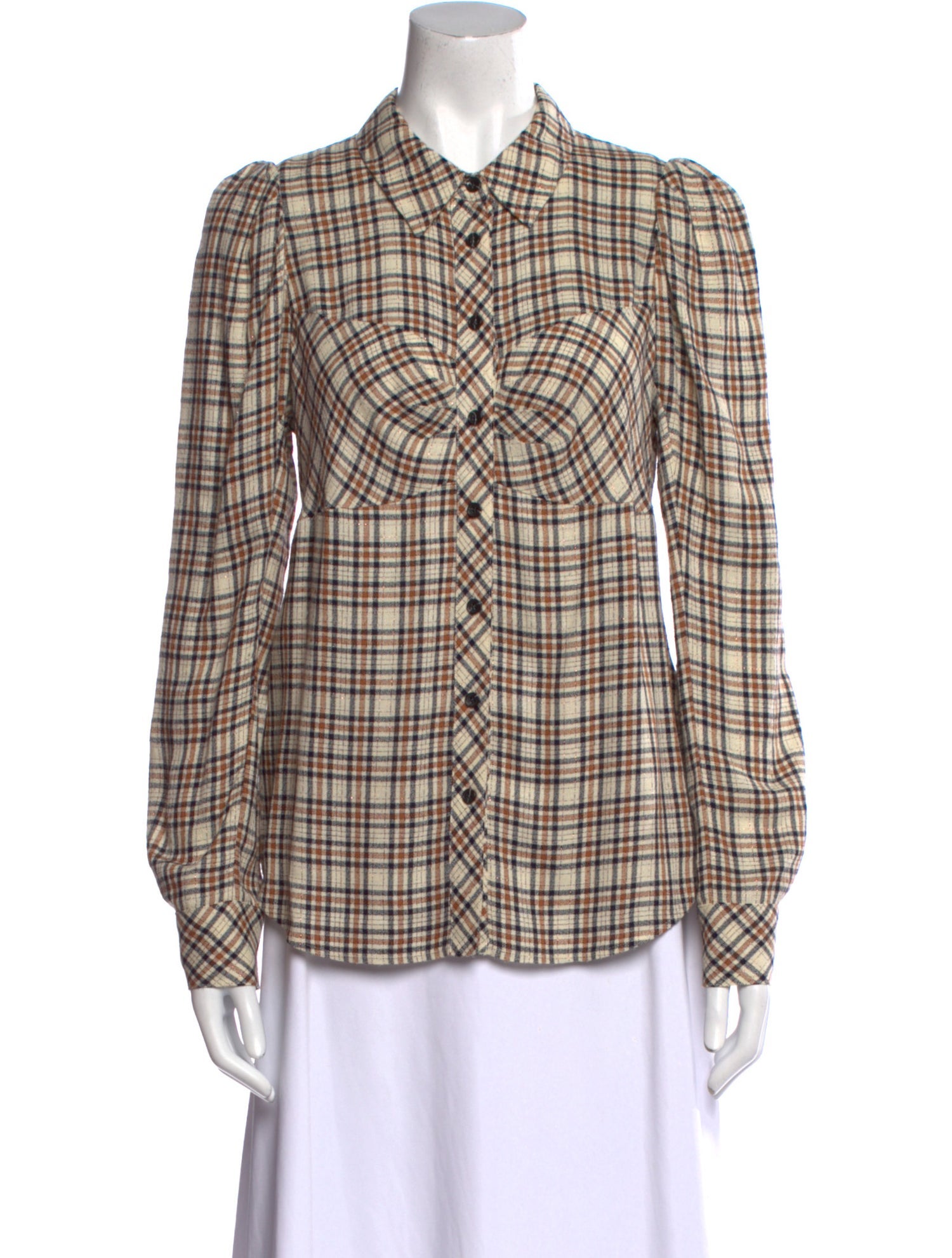 Veronica Beard Plaid Print Long Sleeve Button-Up Top