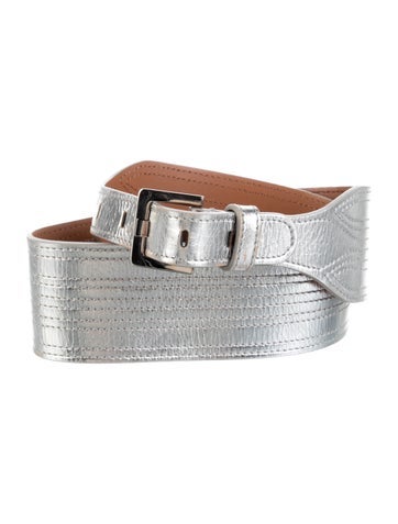 Pre-owned Veronica Beard Wide Leather Waist Belt In Silver