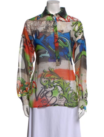 Versace Collection Printed Long Sleeve Button-Up Top
