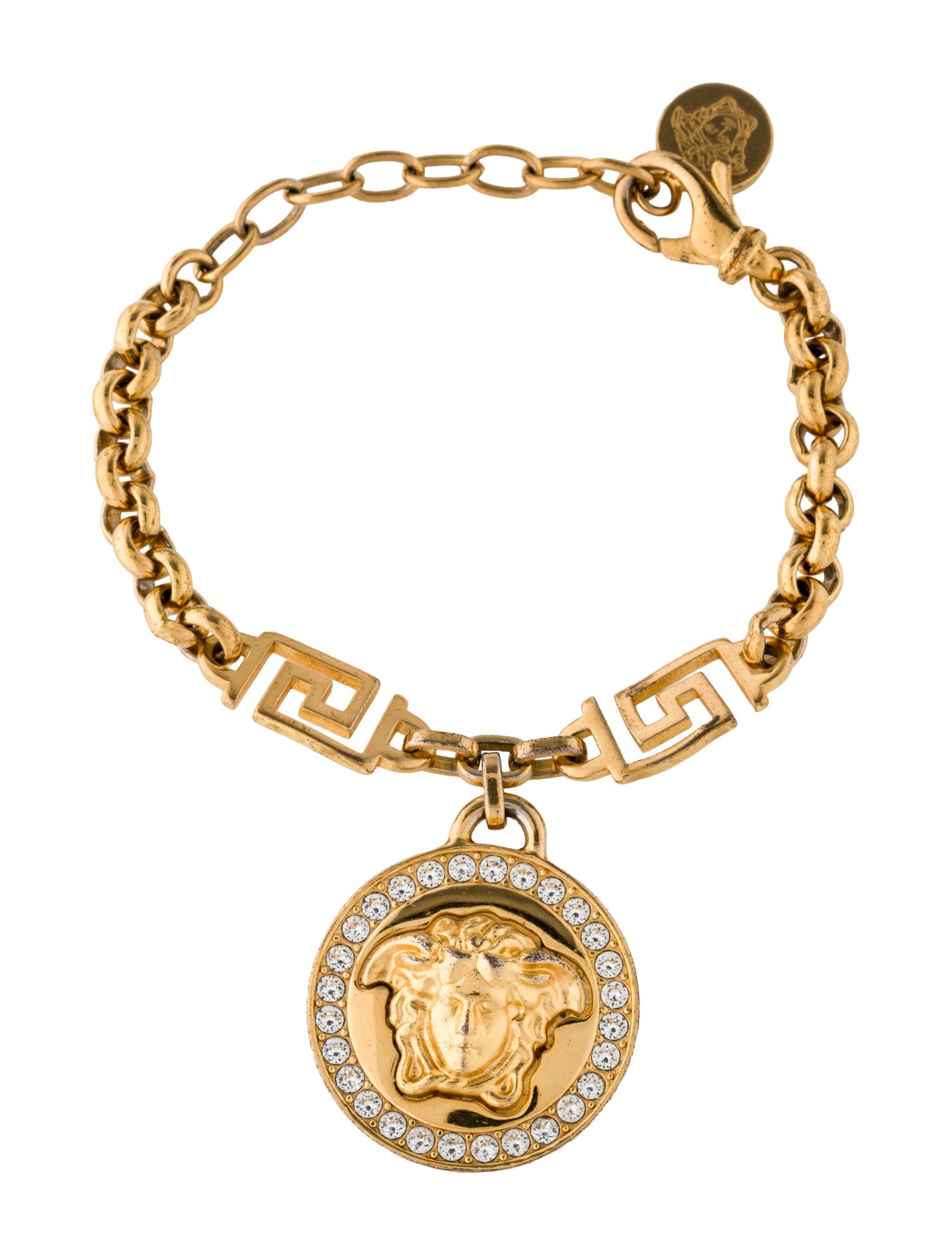 Versace Collection Crystal La Medusa Greco Charm Link Bracelet