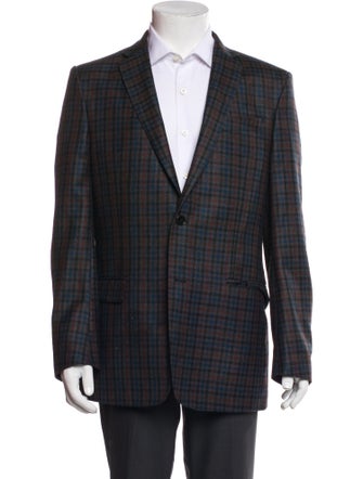 Versace Collection Virgin Wool Plaid Print Peacoat