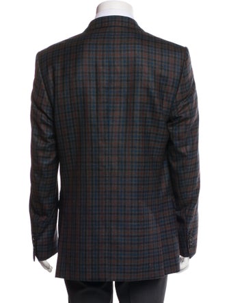 Versace Collection Virgin Wool Plaid Print Peacoat