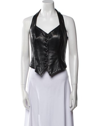 Vakko Leather Halterneck Crop Top