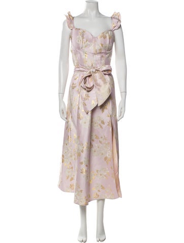 Pre-owned V. Chapman Floral Print Long Dress In Metallic/pink