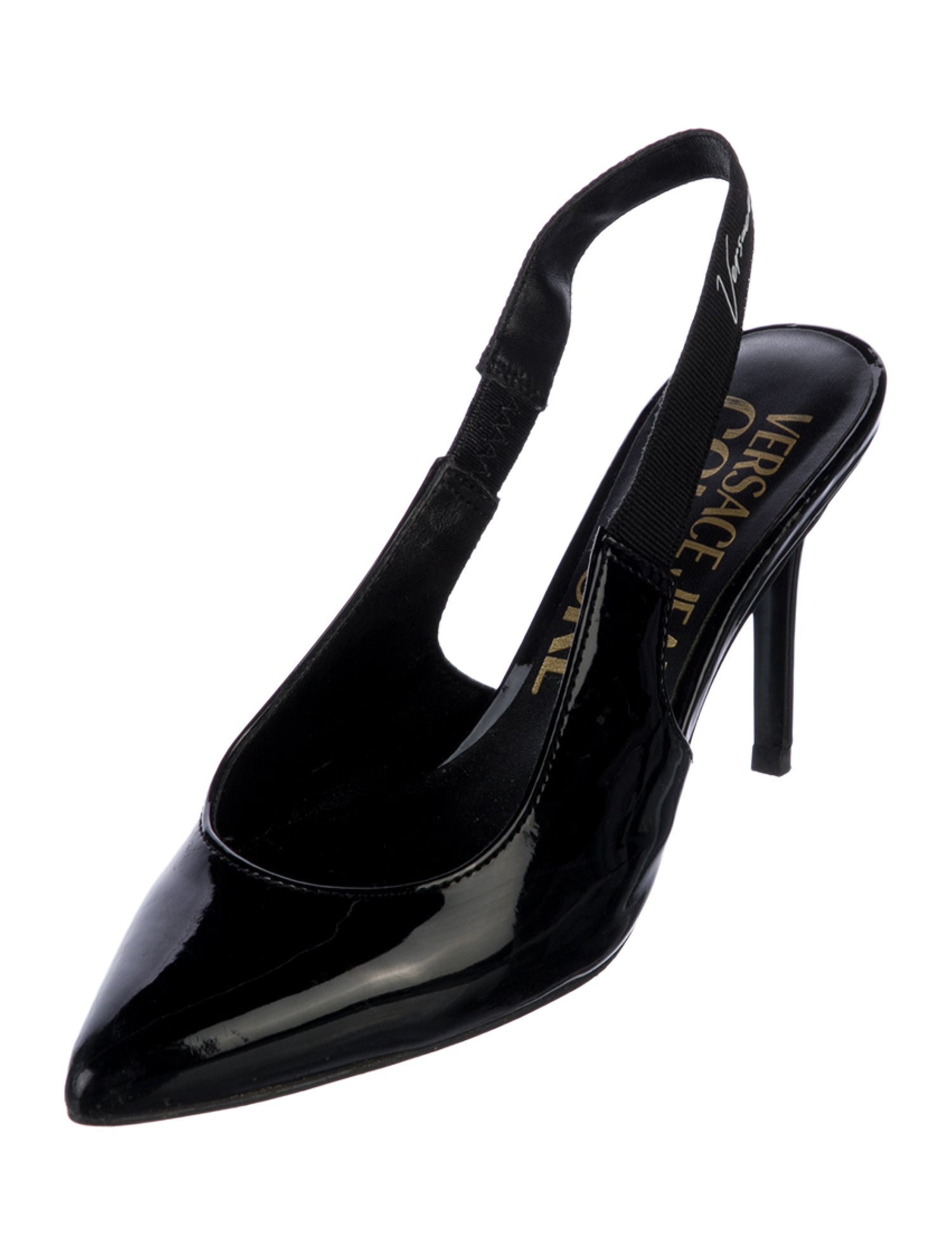 Versace Jeans Couture Patent Leather Grosgrain Trim Slingback Sandals