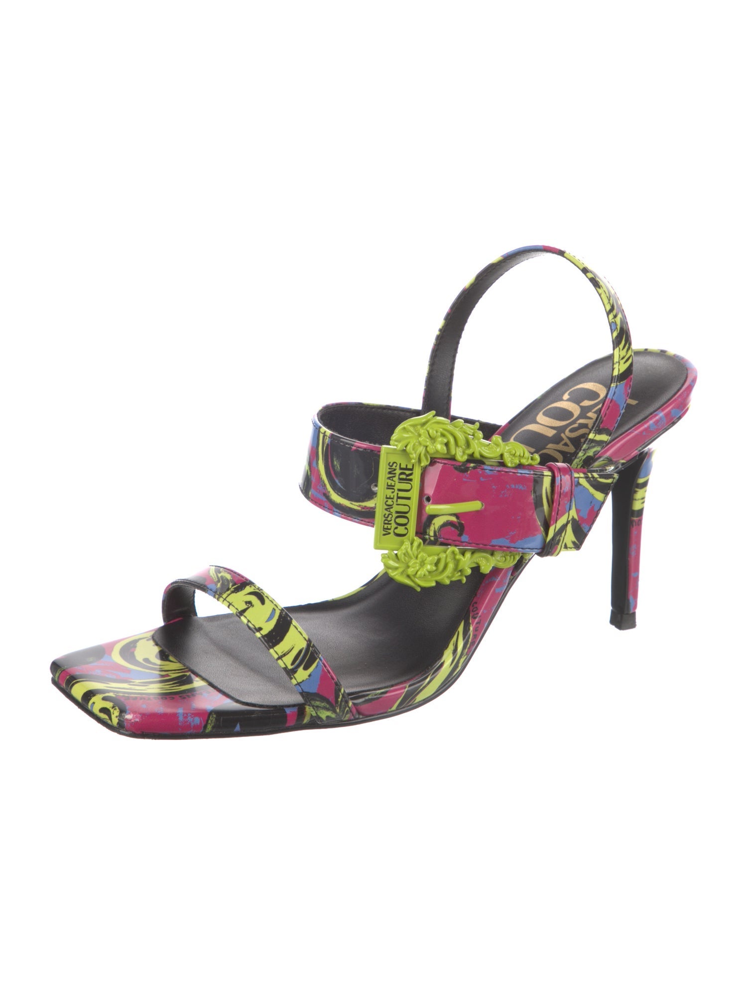 Versace Jeans Couture Patent Leather Floral Print Slingback Sandals