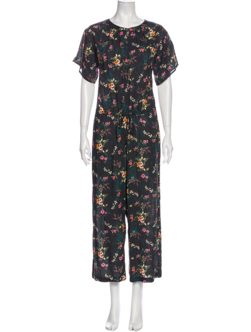Velvet Floral Print Crew Neck Jumpsuit Green