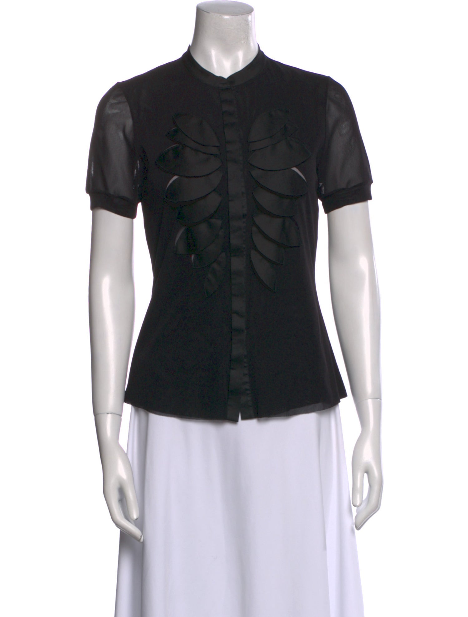 Vivienne Tam Mesh Mock Neck Button-Up Top
