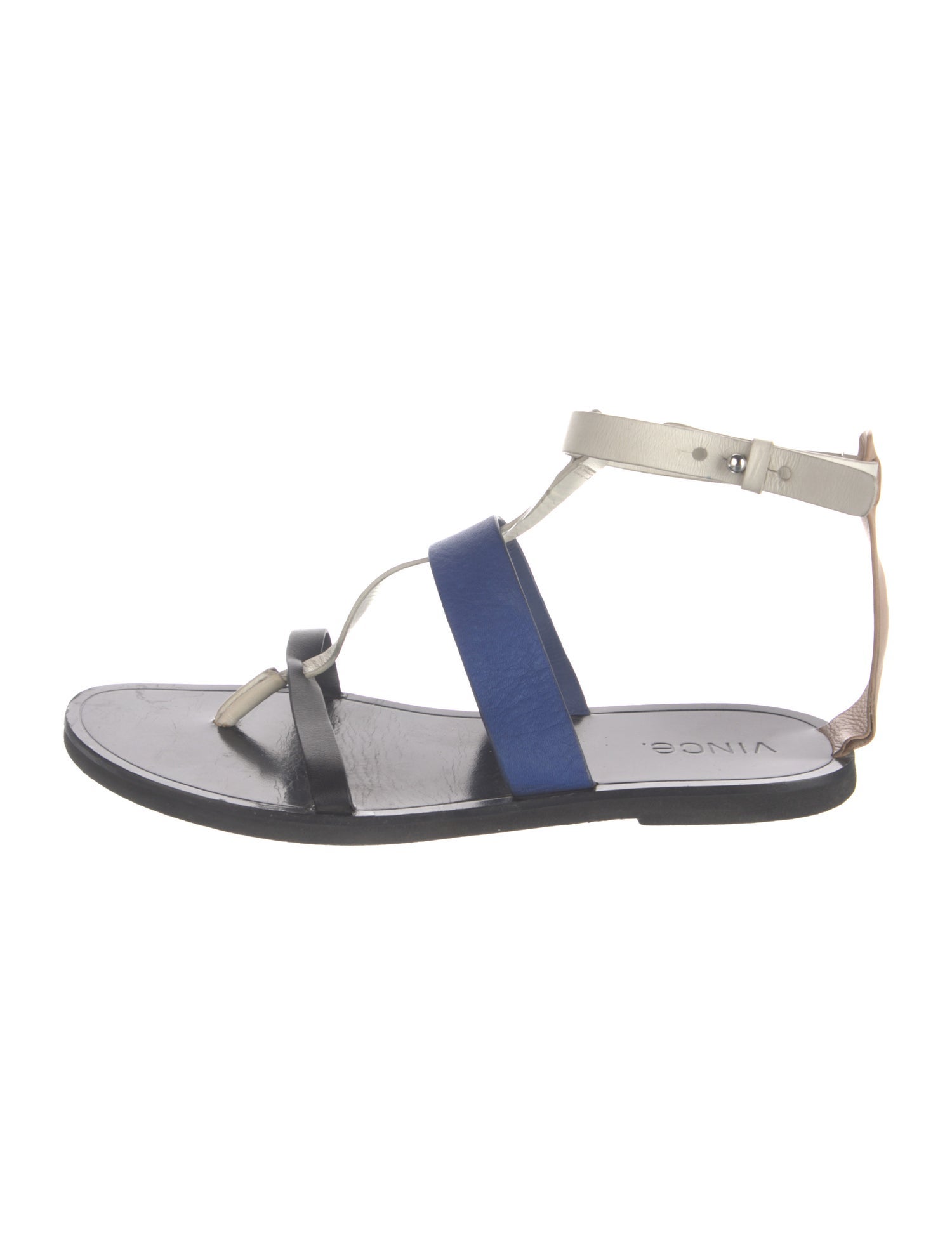 Vince Leather Colorblock Pattern T-Strap Sandals