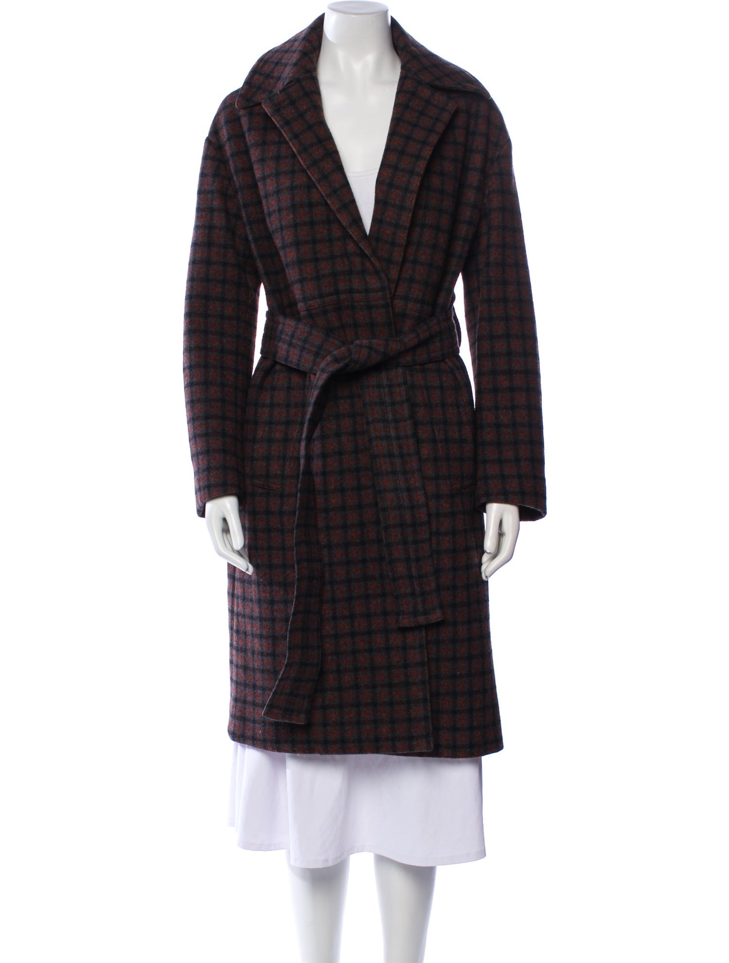 Vince Wool Plaid Print Faux Fur Coat