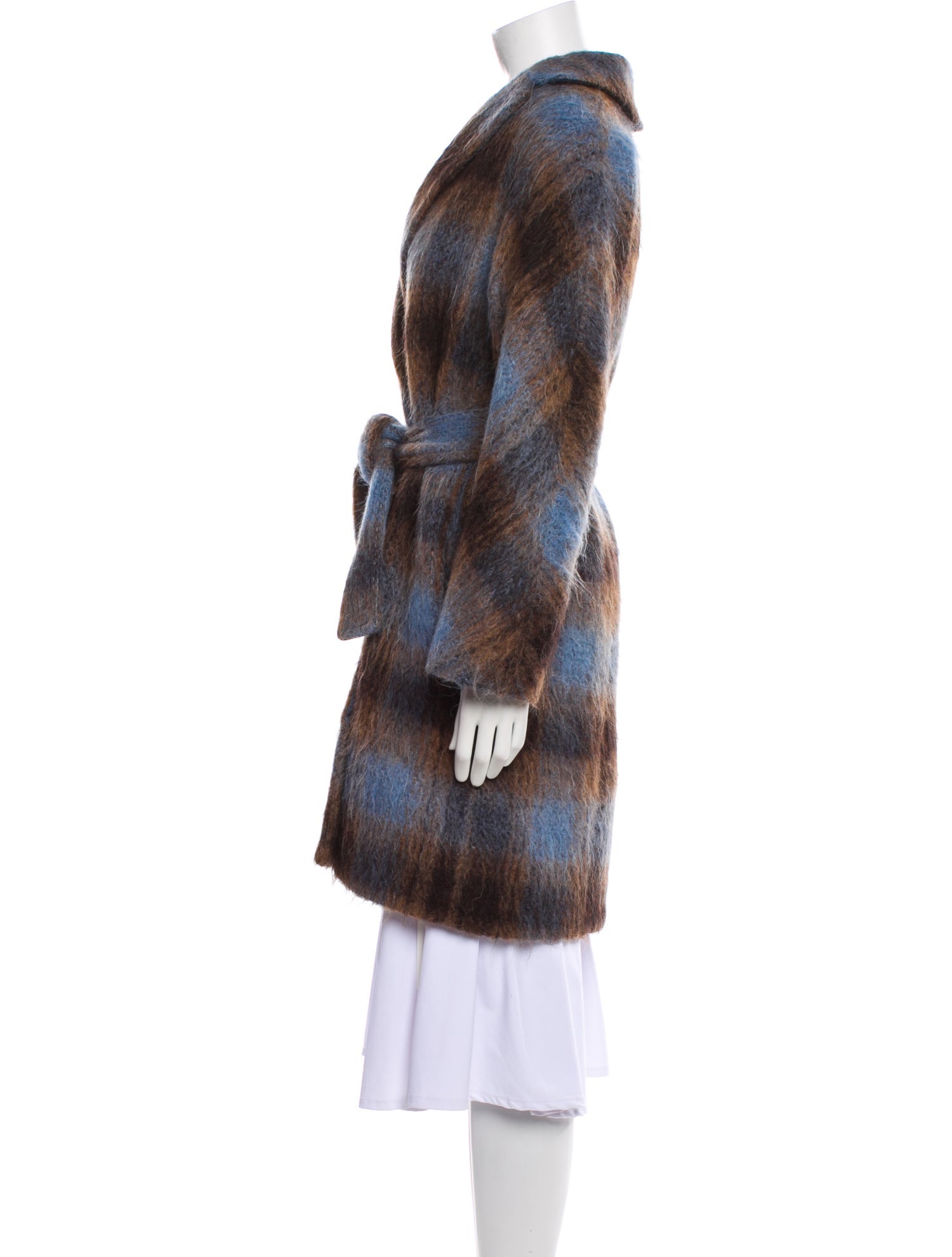 Vince Wool Plaid Print Faux Fur Coat