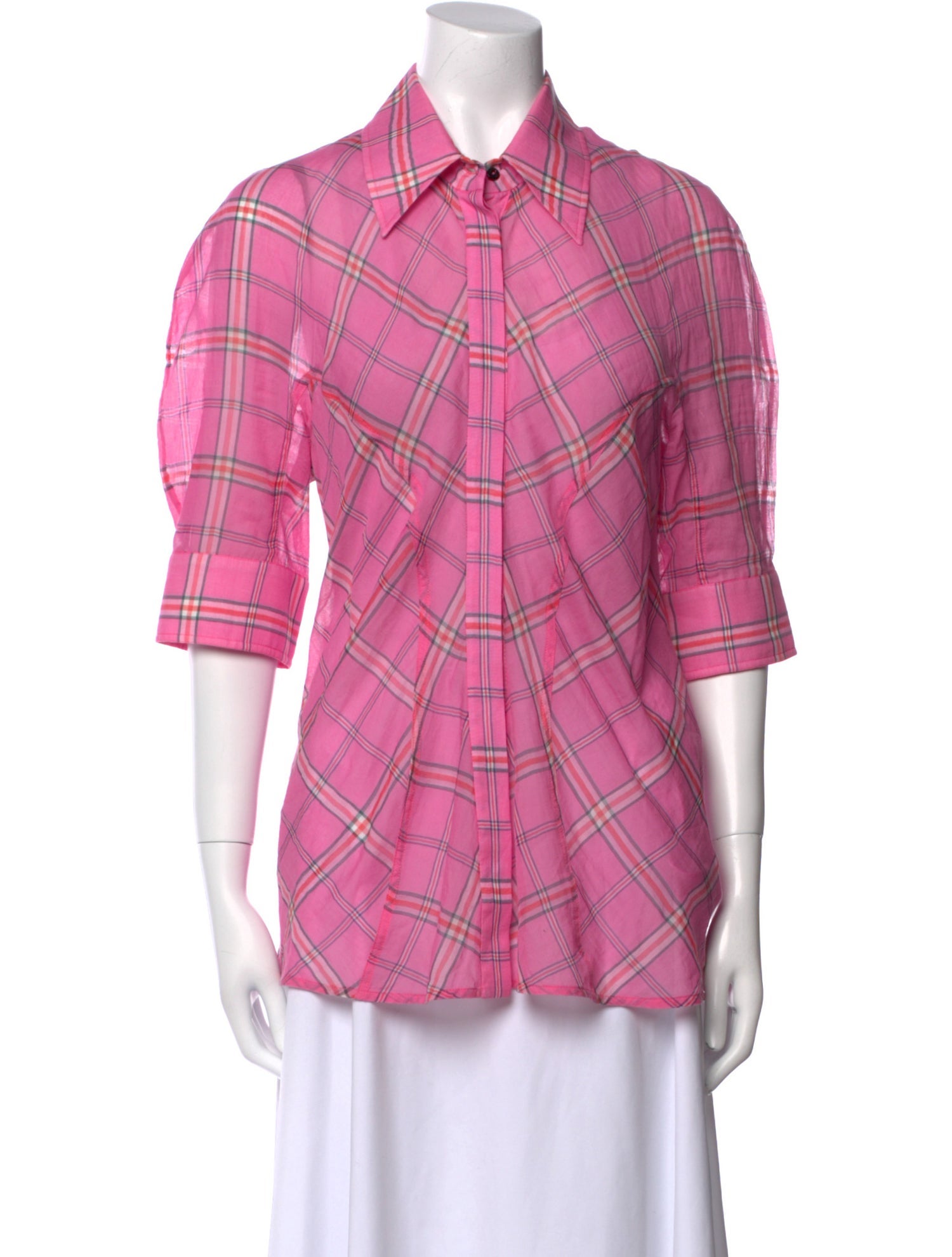 Victoria Victoria Beckham Plaid Print Three-Quarter Sleeve Button-Up Top