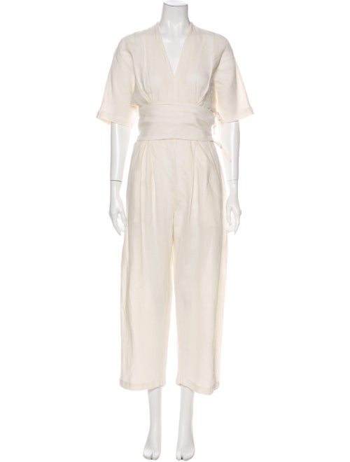 Black Crane Linen V-Neck Jumpsuit Black