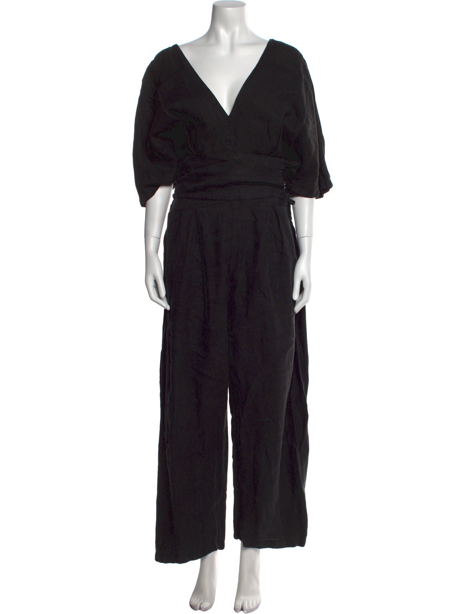 Black Crane Linen Plunge Neckline Jumpsuit