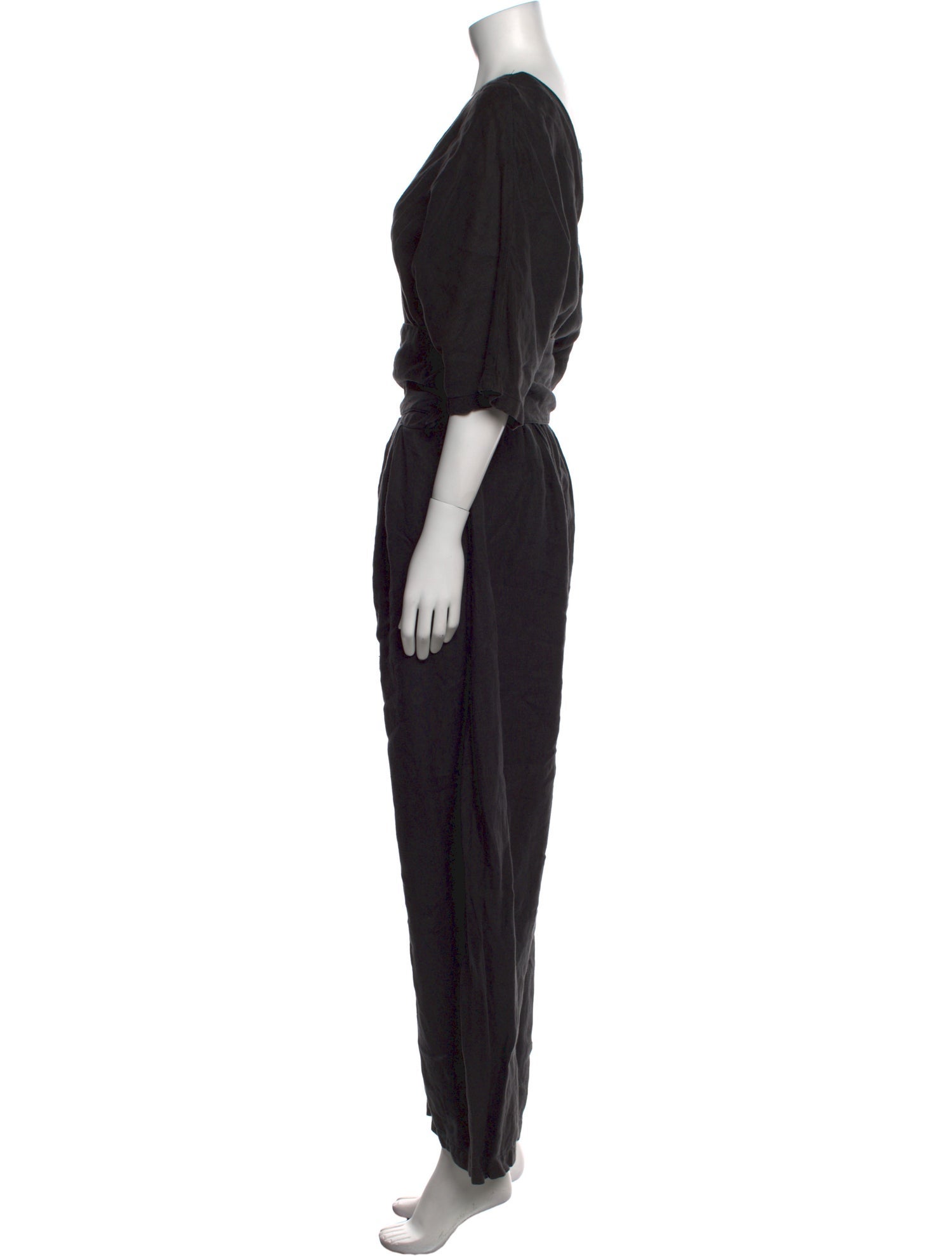Black Crane Linen Plunge Neckline Jumpsuit