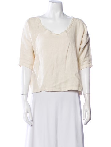 Black Crane Tops Linen Scoop Neck Blouse S