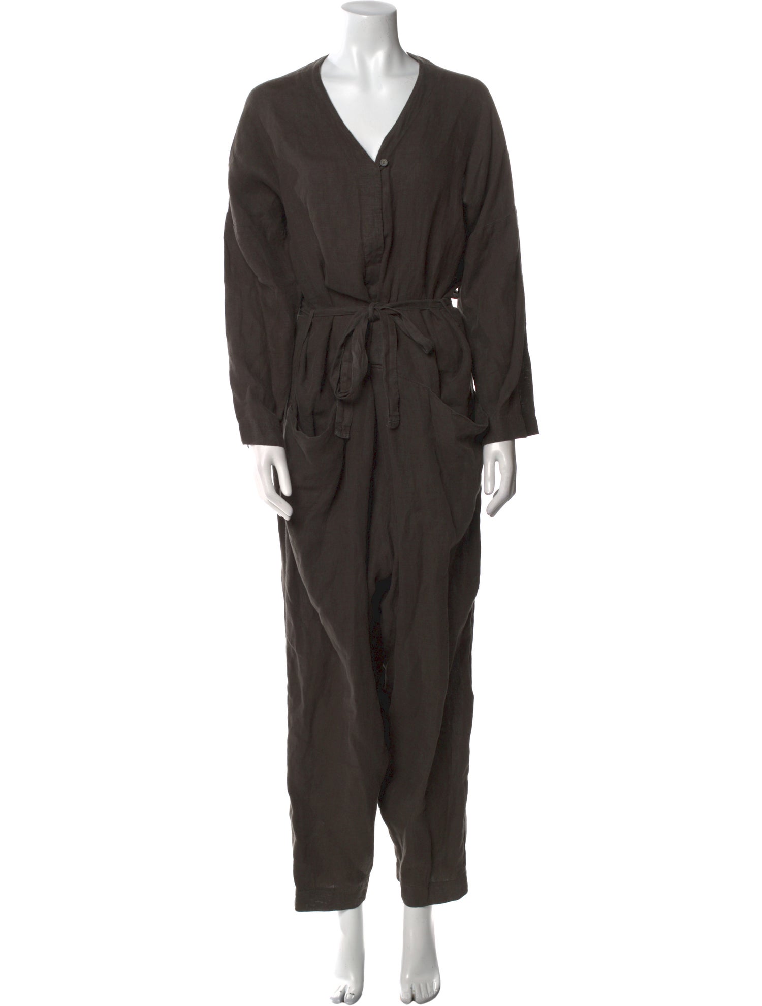 Black Crane Linen V-Neck Jumpsuit