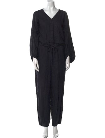 Black Crane Linen V-Neck Jumpsuit
