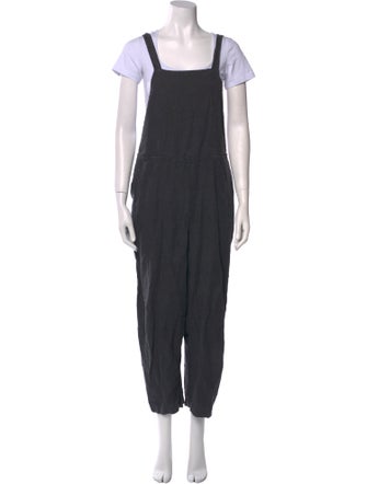 Black Crane Linen Square Neckline Jumpsuit