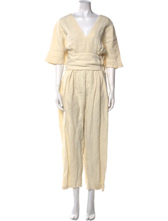 Black Crane Linen V-Neck Jumpsuit