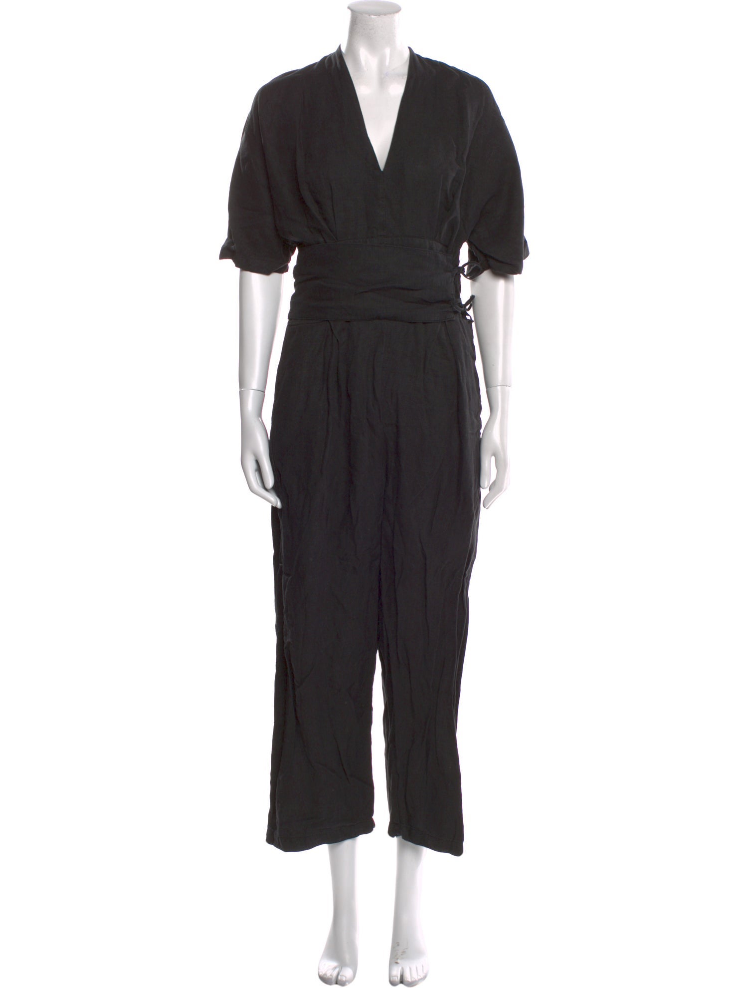 Black Crane Linen V-Neck Jumpsuit