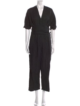 Black Crane Linen V-Neck Jumpsuit