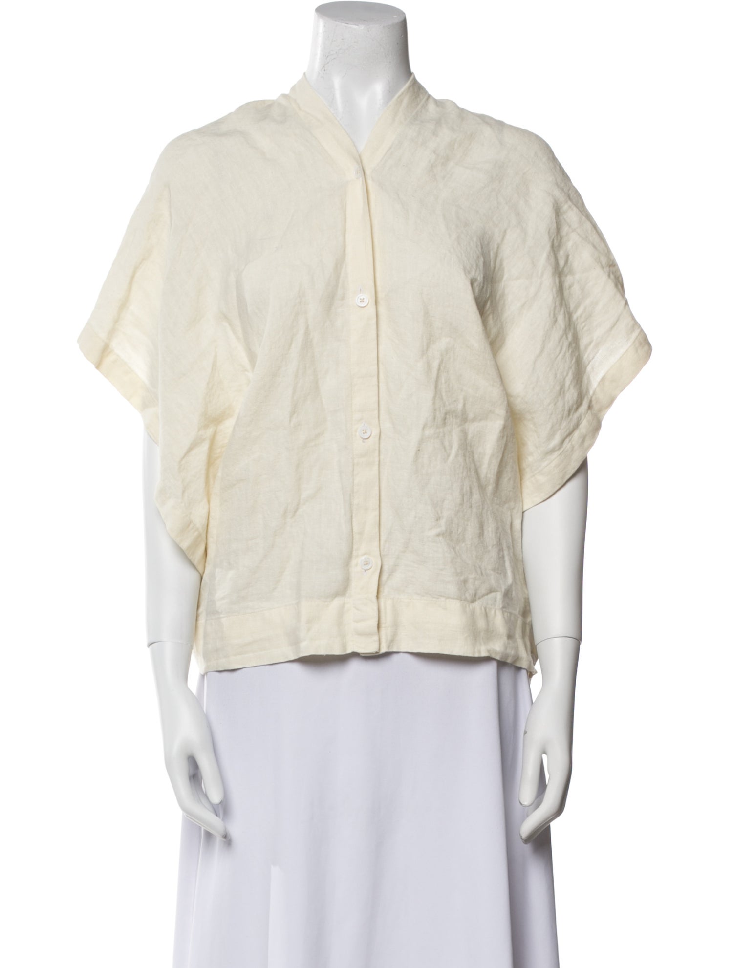 Black Crane Linen V-Neck Button-Up Top