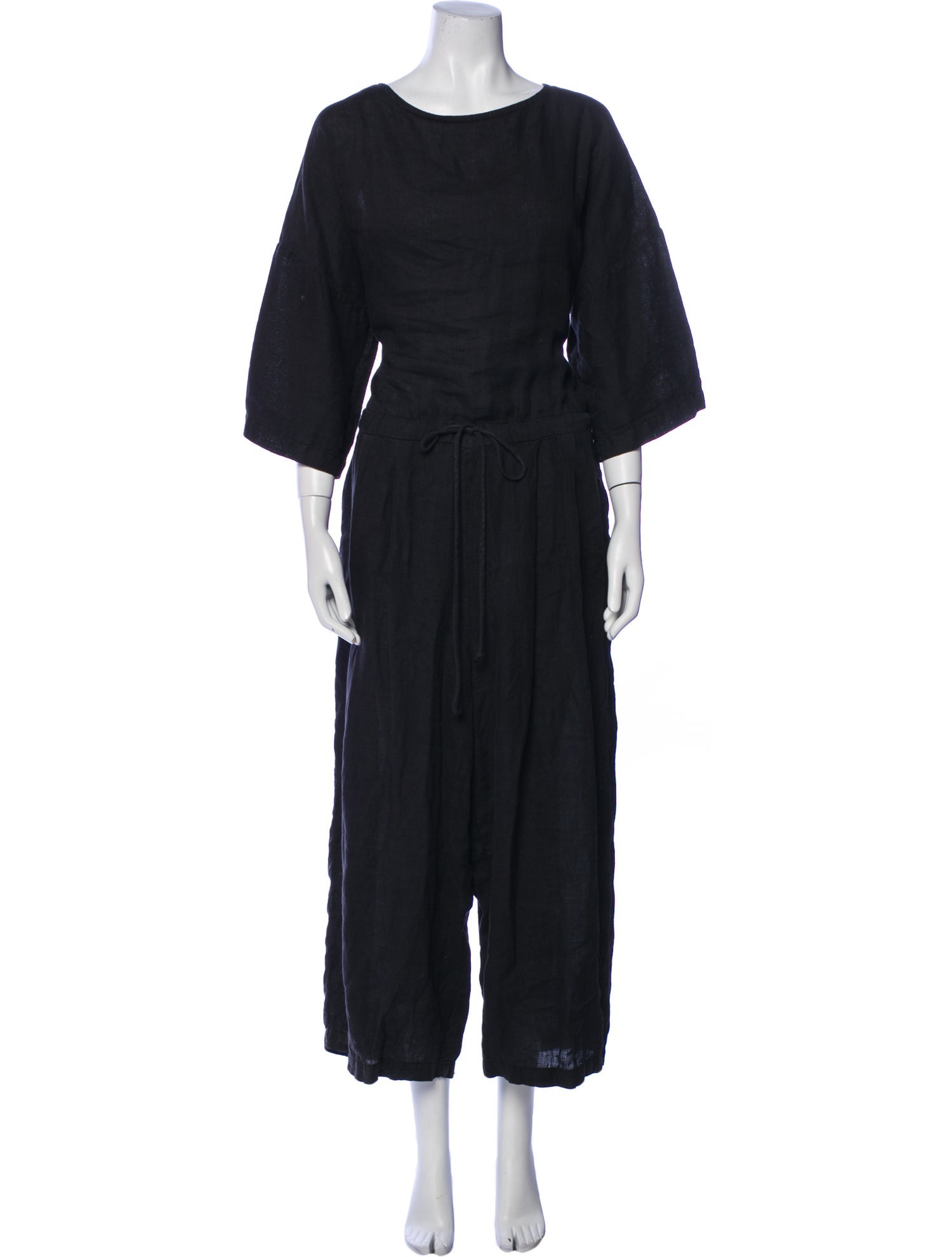 Black Crane Linen Crew Neck Jumpsuit