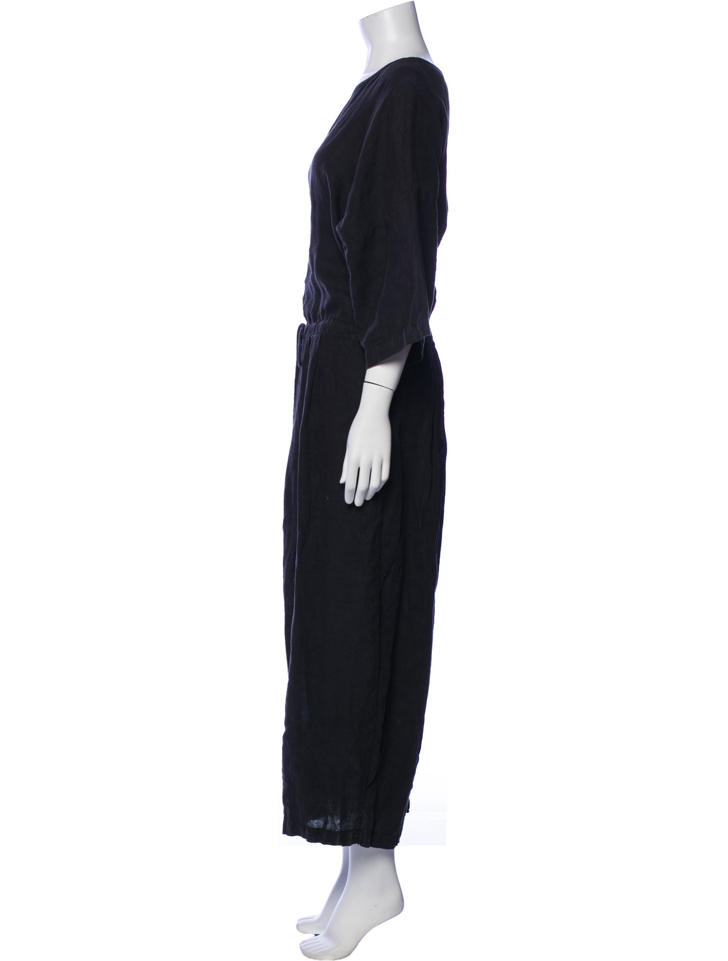 Black Crane Linen Crew Neck Jumpsuit