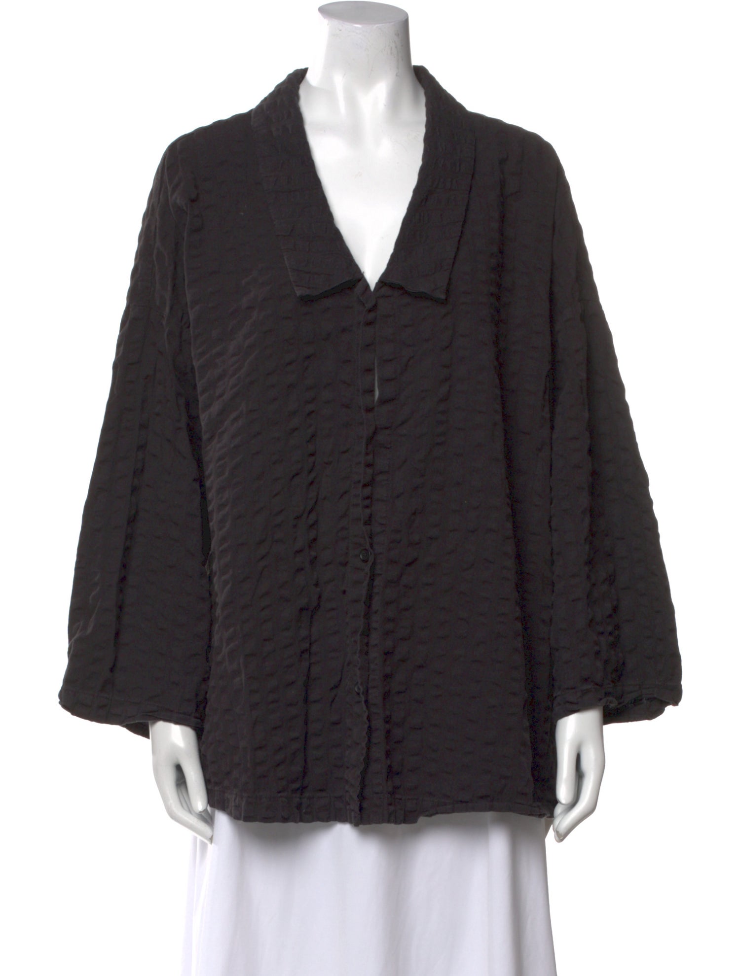 Black Crane V-Neck Long Sleeve Button-Up Top