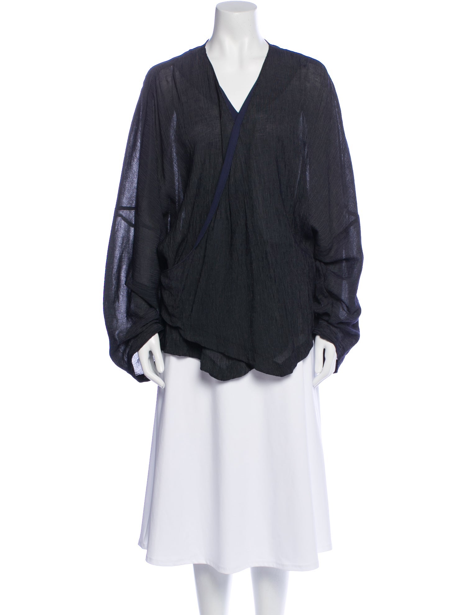 Black Crane V-Neck Long Sleeve Blouse