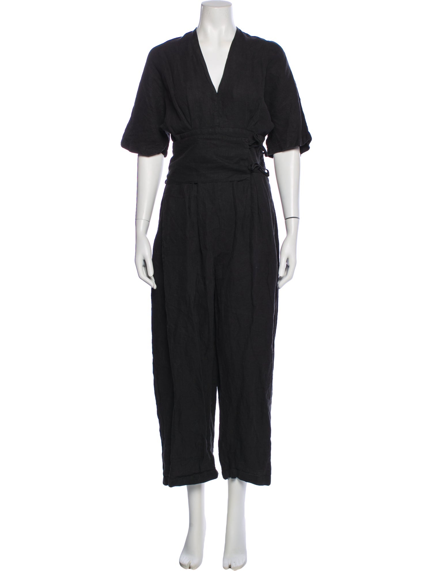 Black Crane Linen V-Neck Jumpsuit