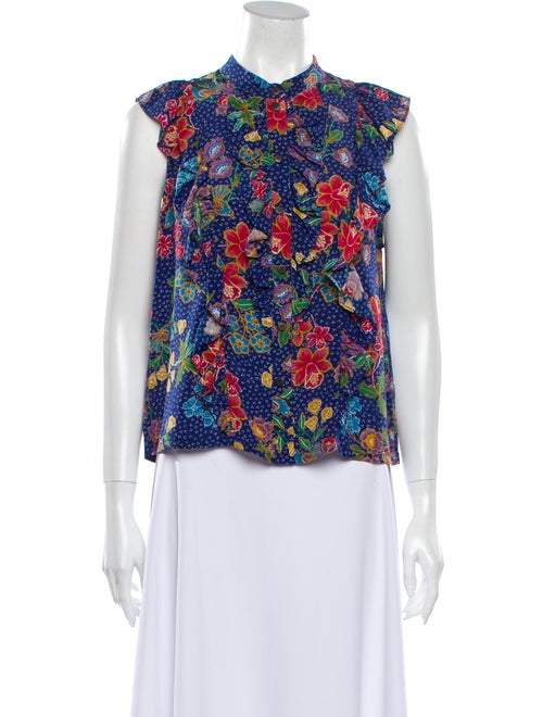 Warm Silk Floral Print Blouse Blue