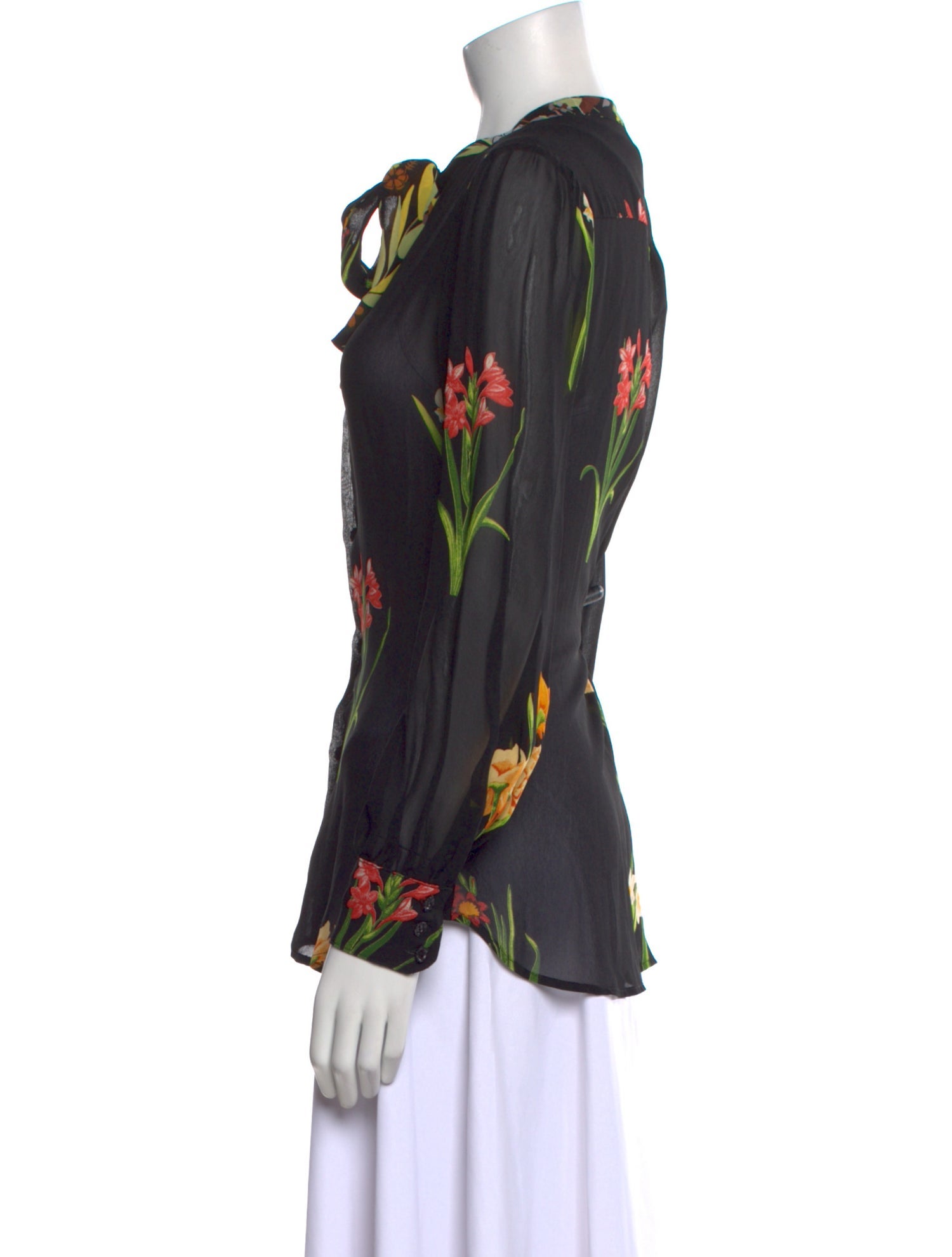 Warm Floral Print Tie Neck Blouse