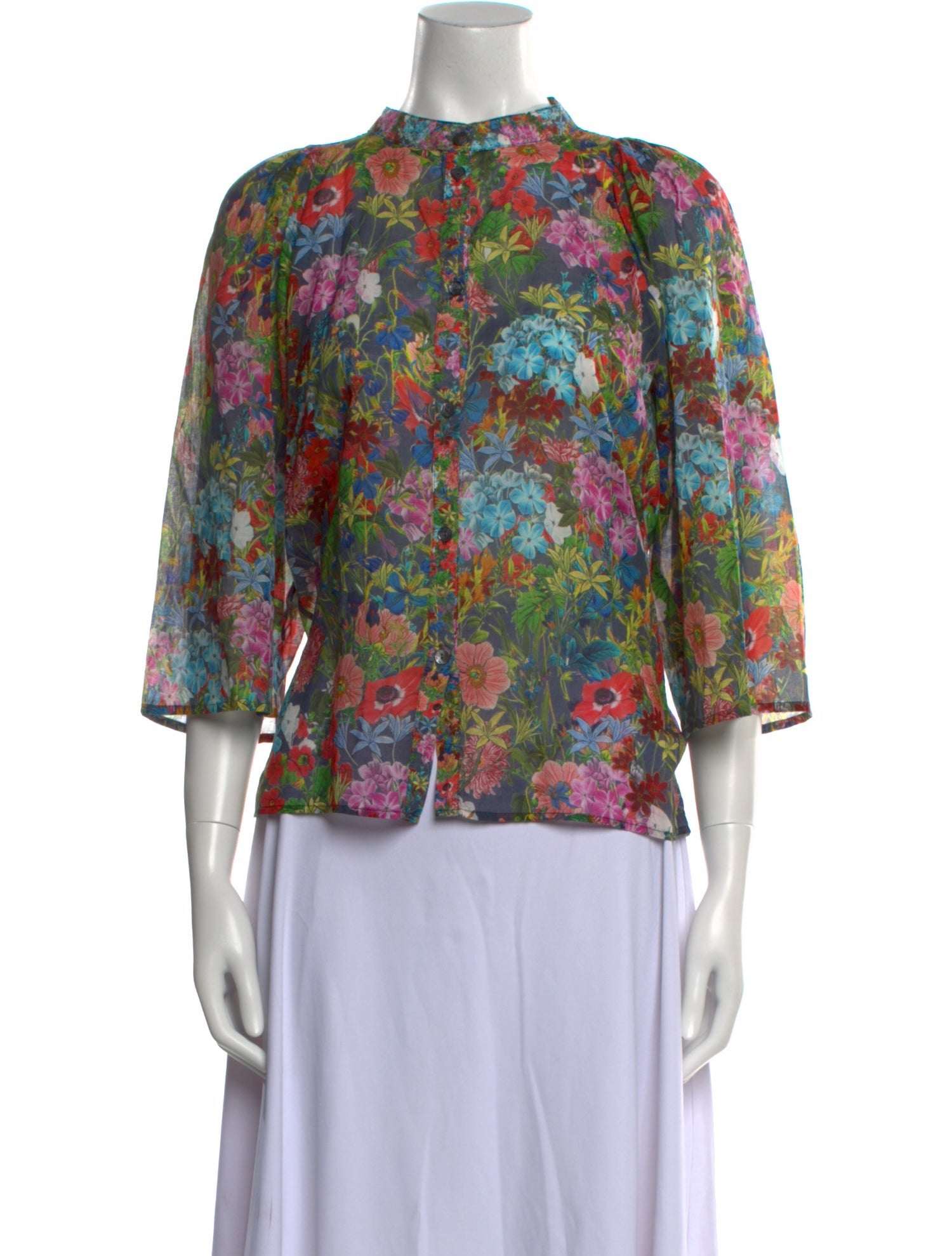 Warm Floral Print Mock Neck Blouse