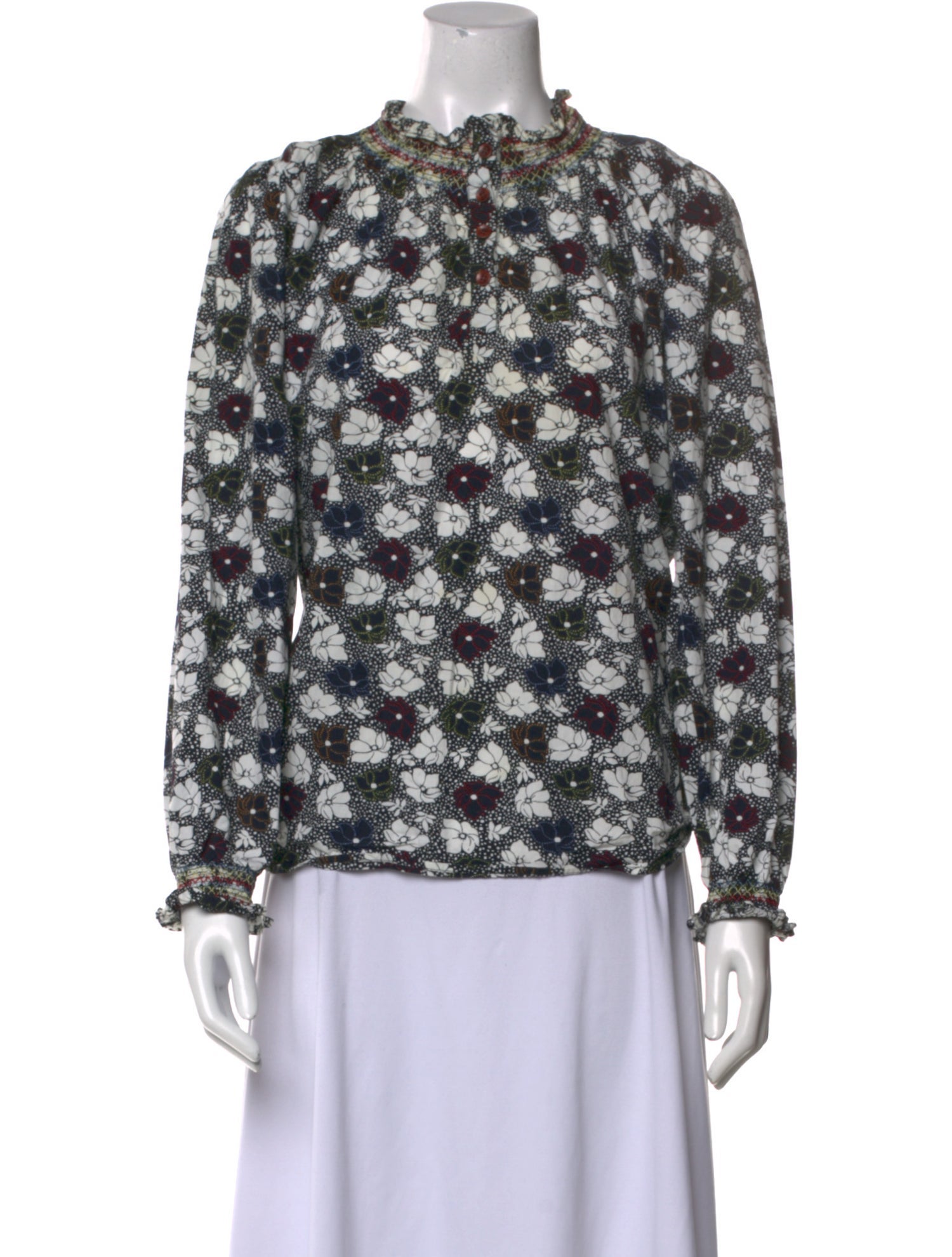 Warm Floral Print Mock Neck Blouse