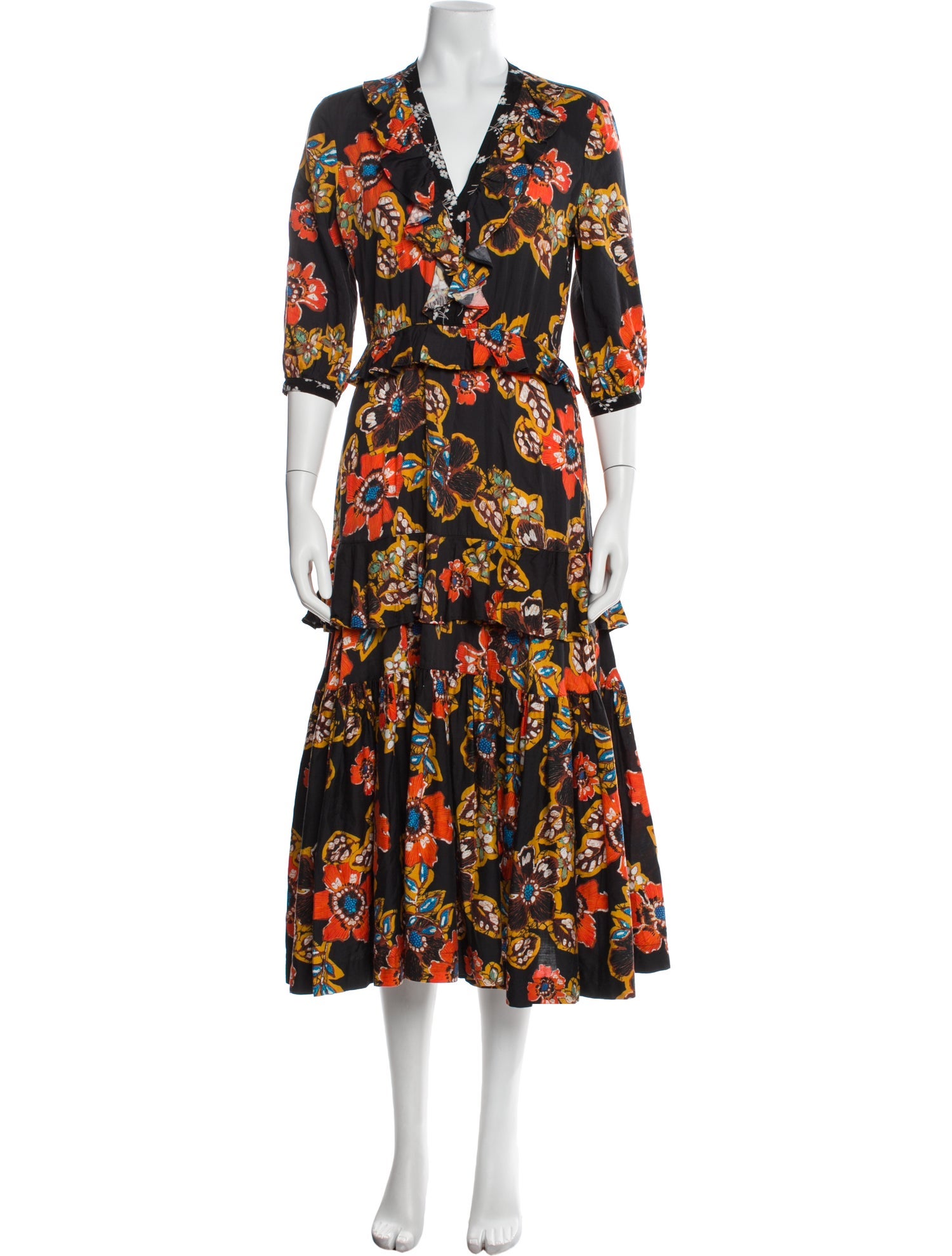 Warm Floral Print Midi Length Dress