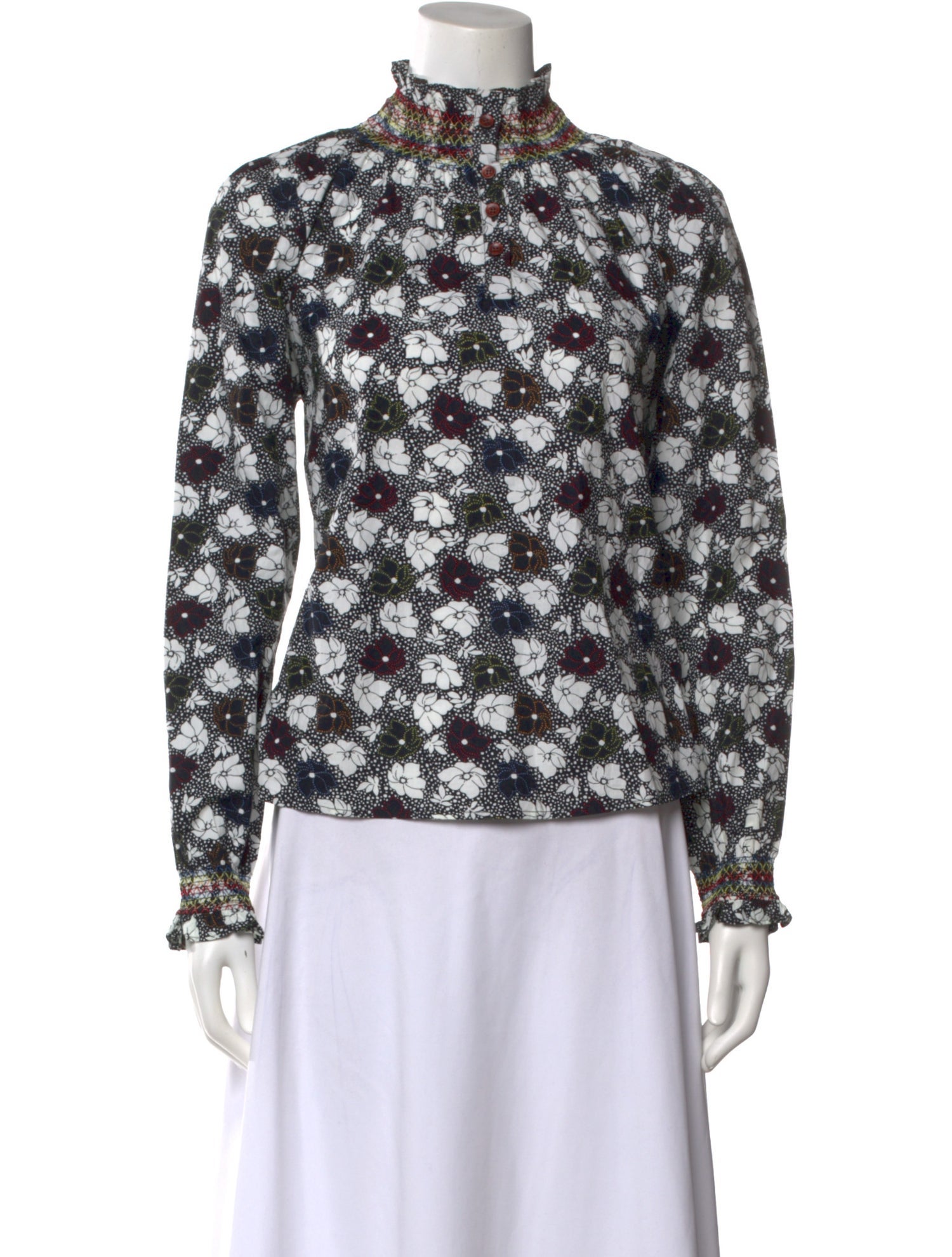 Warm Floral Print Mock Neck Blouse