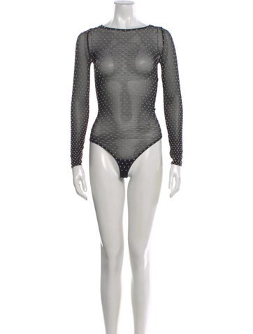 Pre-owned Wolford Polka Dot Print Crew Neck Bodysuit In Gray