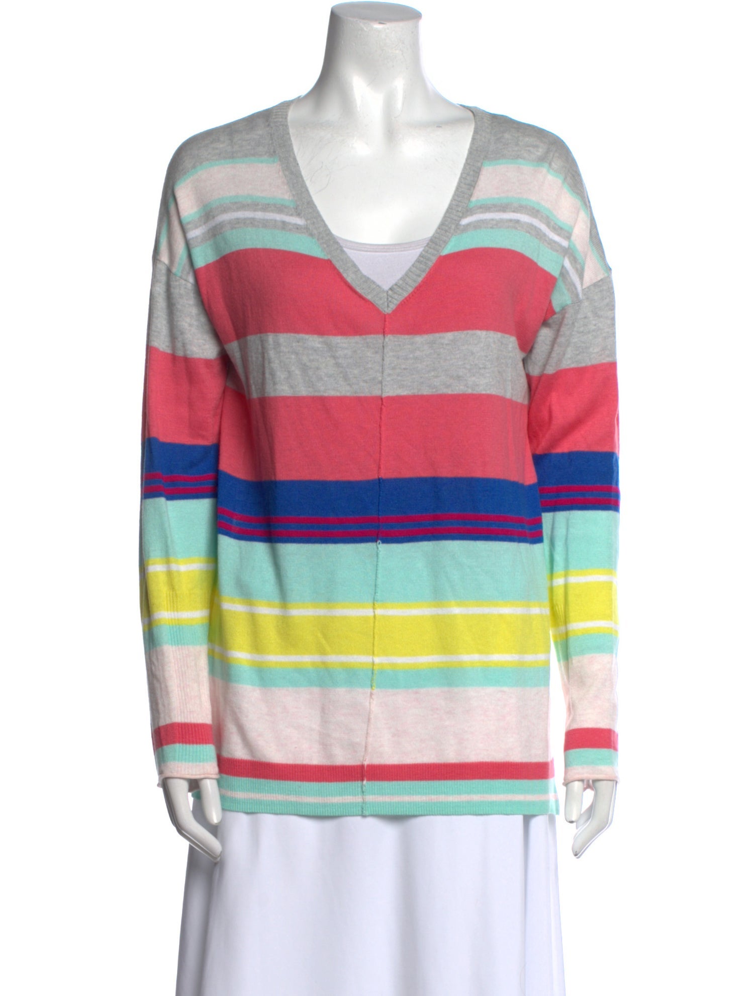 White + Warren Striped V-Neck Sweater