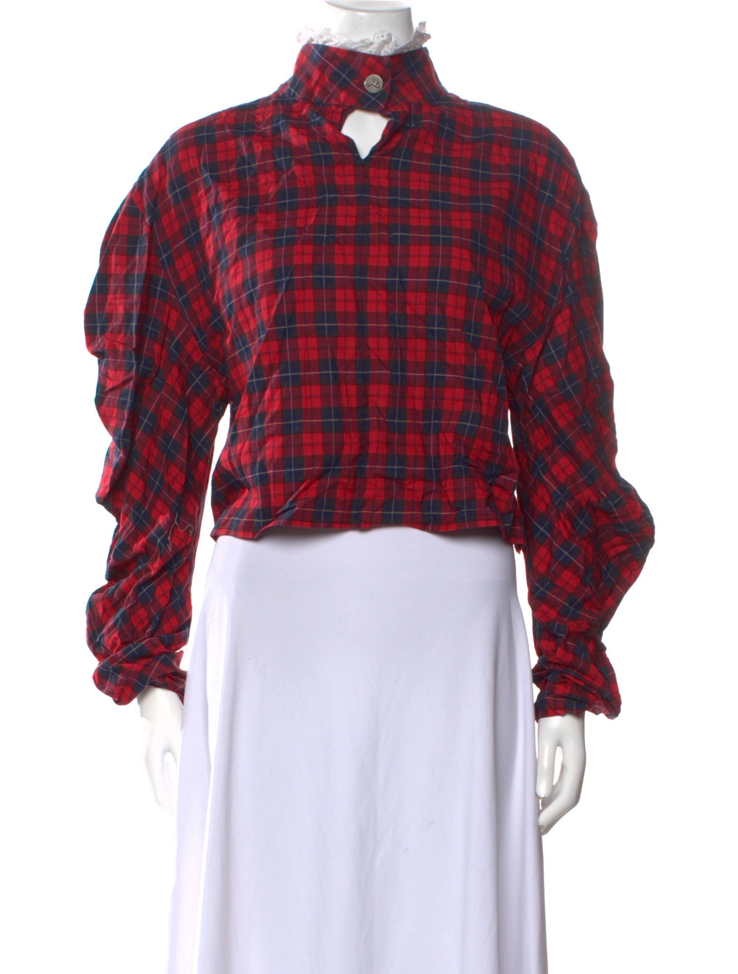 A.W.A.K.E. Mode Plaid Print Mock Neck Crop Top