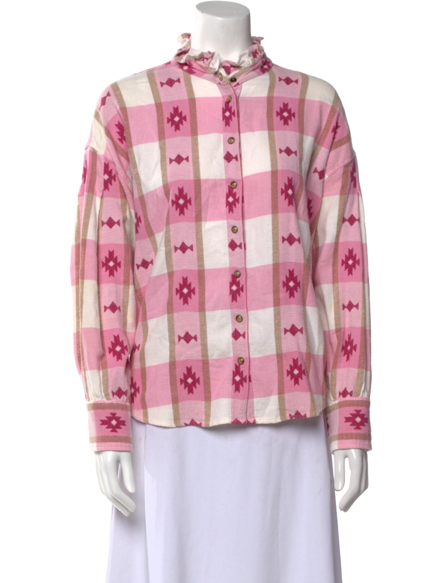 Xirena Plaid Print Mock Neck Button-Up Top