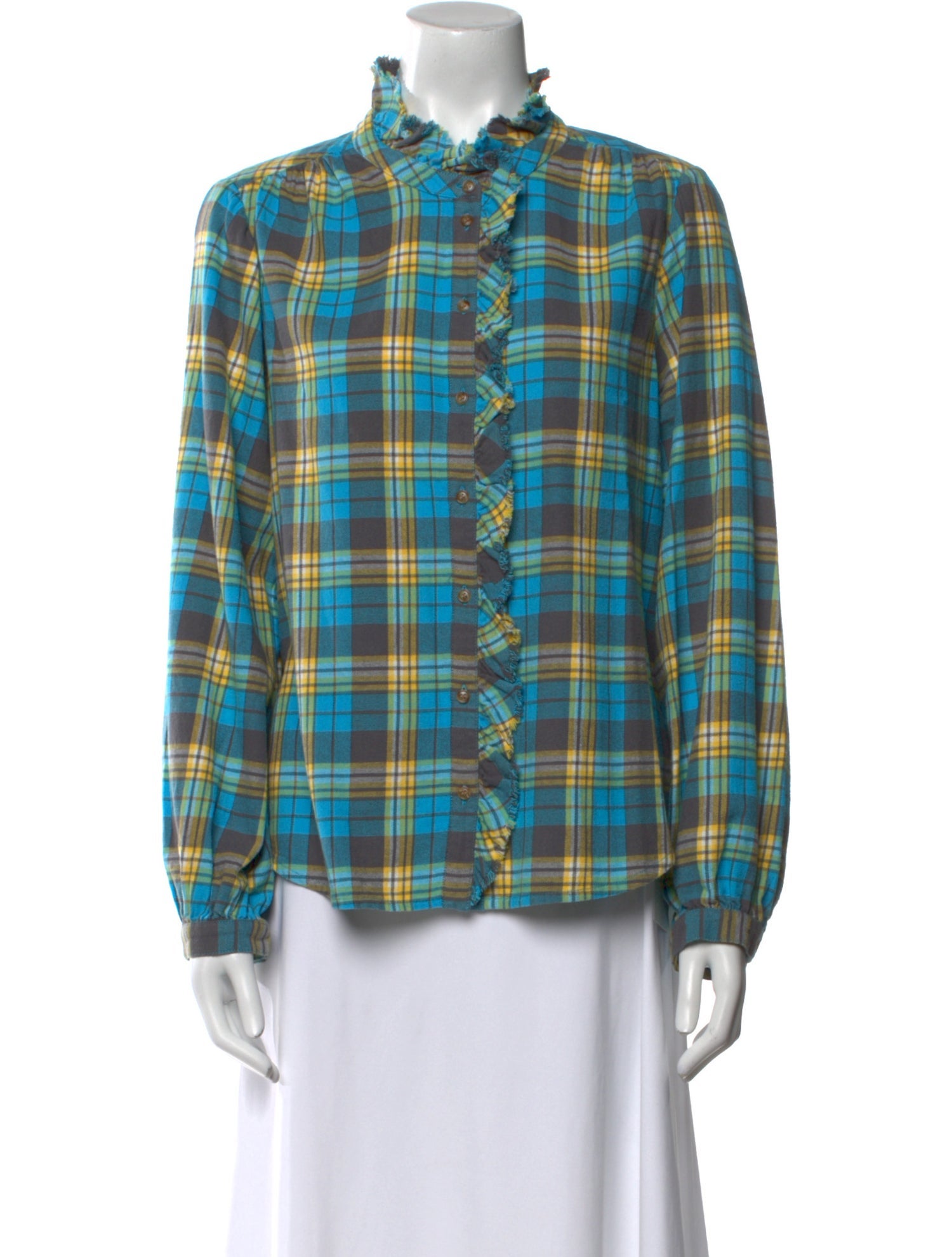 Xirena Plaid Print Mock Neck Button-Up Top