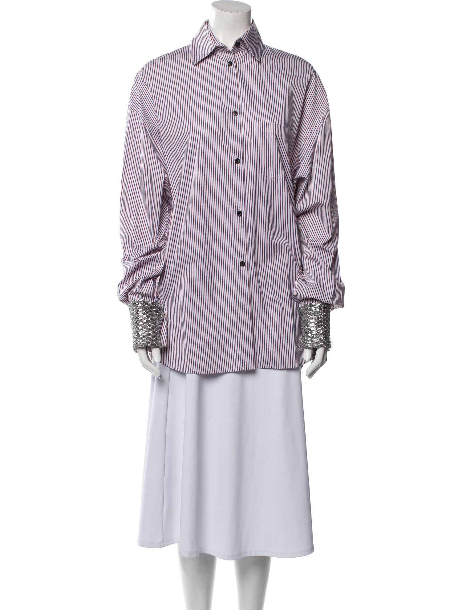 Wanda Nylon Striped Long Sleeve Button-Up Top