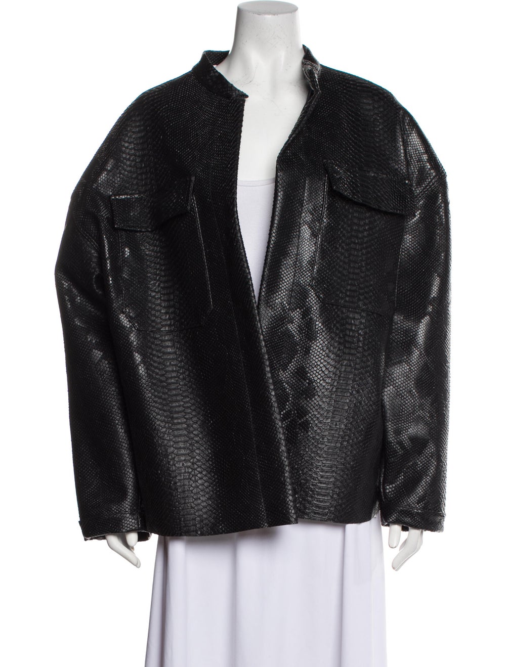 Yeon Biker Jacket Blue Raw-Edge Trim & Stand Collar Slit Pockets & Open Front
