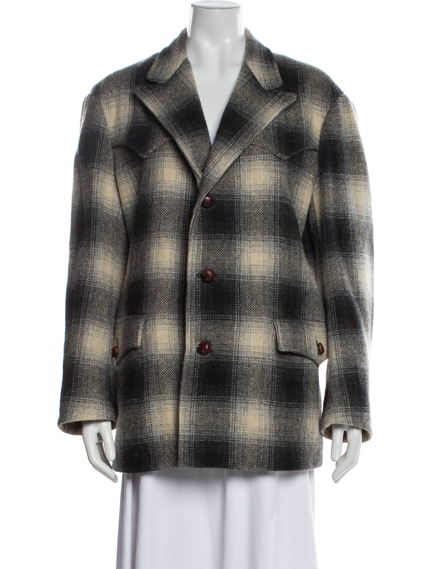 Ralph Lauren Wool Plaid Print Faux Fur Coat