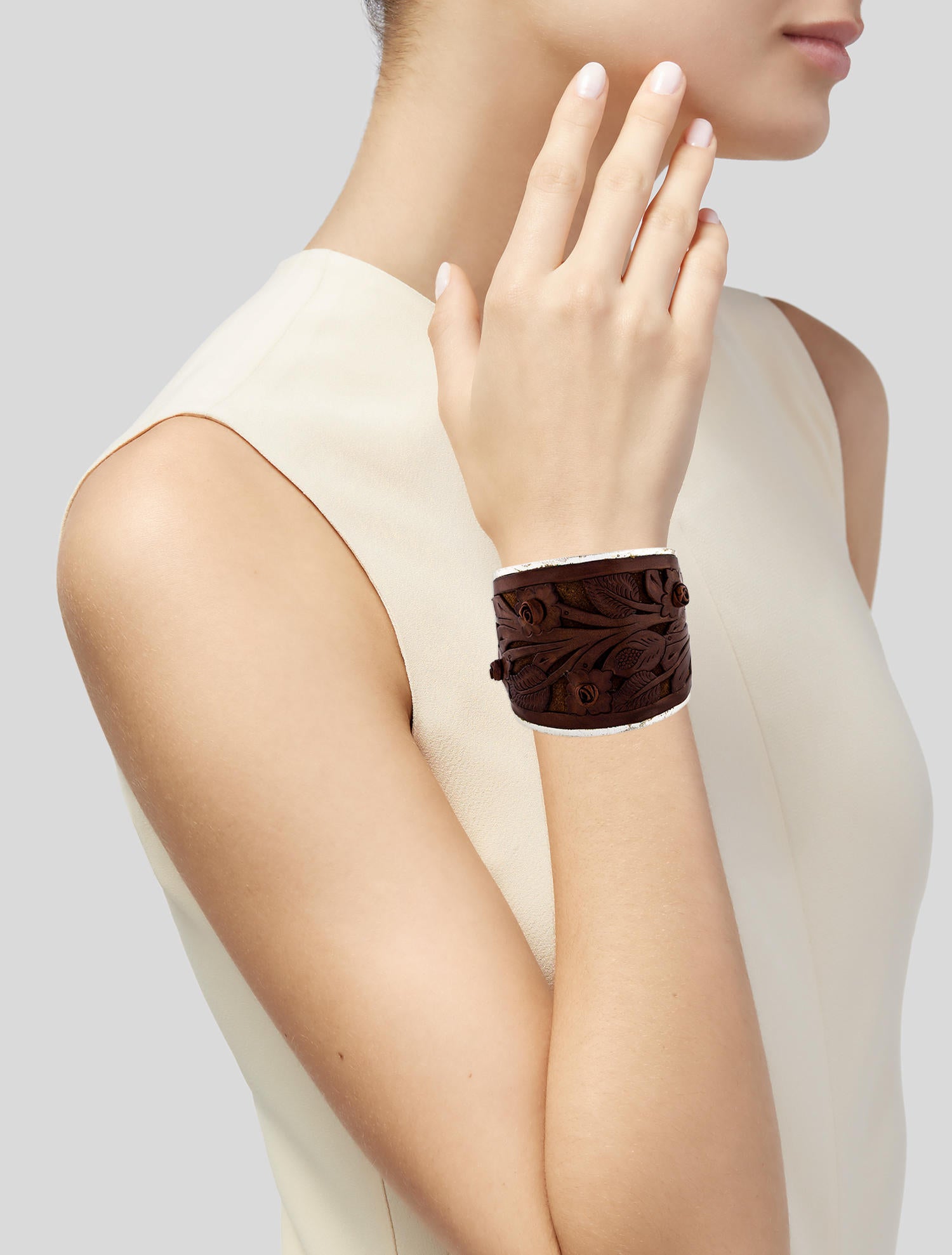 Ralph Lauren Tooled Leather Cuff - Silver-Tone Metal Cuff