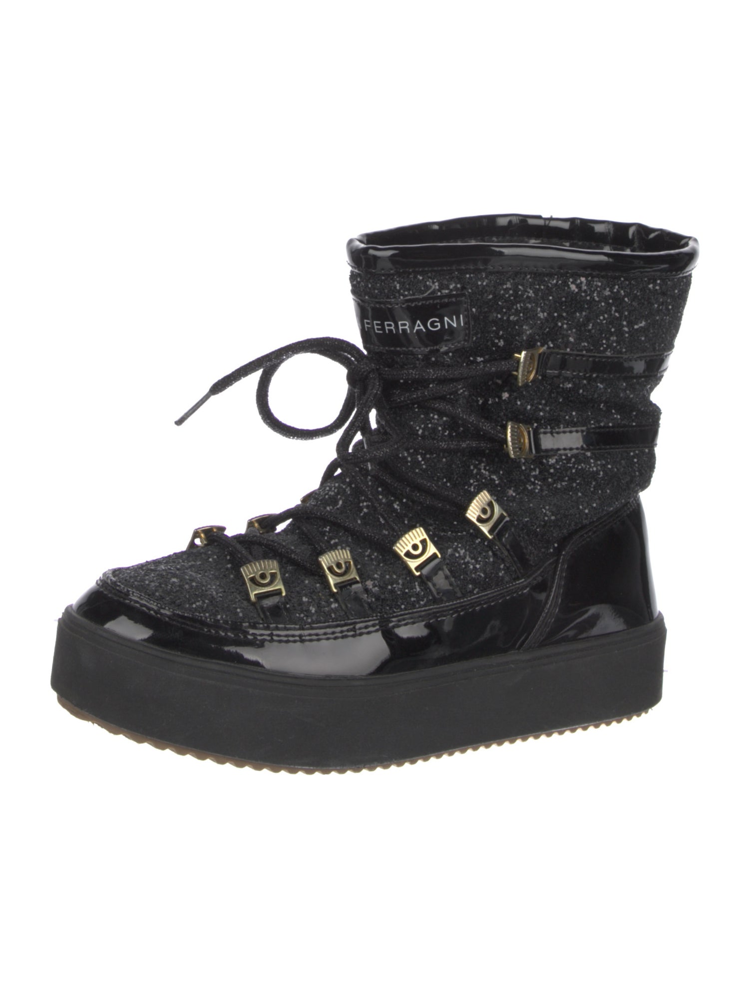 Chiara Ferragni Patent Leather Glitter Accents Lace-Up Boots